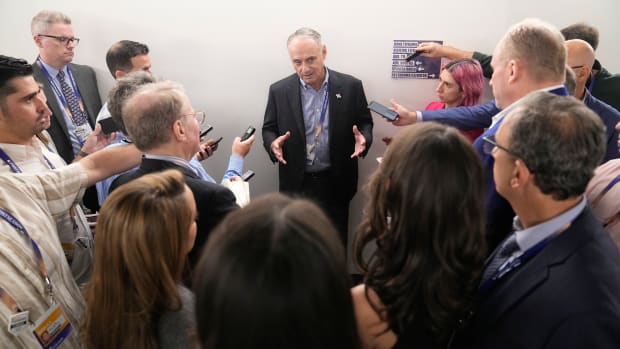 MLB commissioner Rob Manfred speaks with reporters before Game 1 of the World Series.